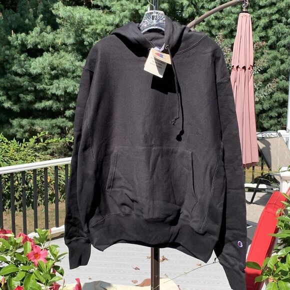 NWT Vintage Champion Sweatshirt Hoodie Reverse Weave Black blank Heavy M - Picture 1 of 4